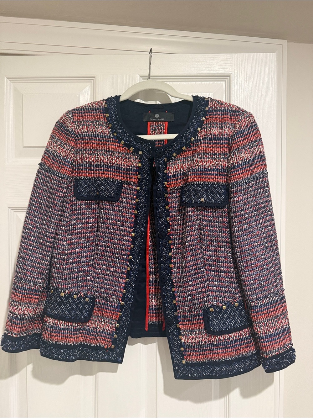 Rena Lange Multicolor Tweed Blazer with Navy Trim